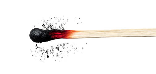 A burnt matchstick with its tip glowing red and ashes scattered on a white background symbolizing emotional burnout and exhaustion This conceptual represents stress and the consequences of overwork