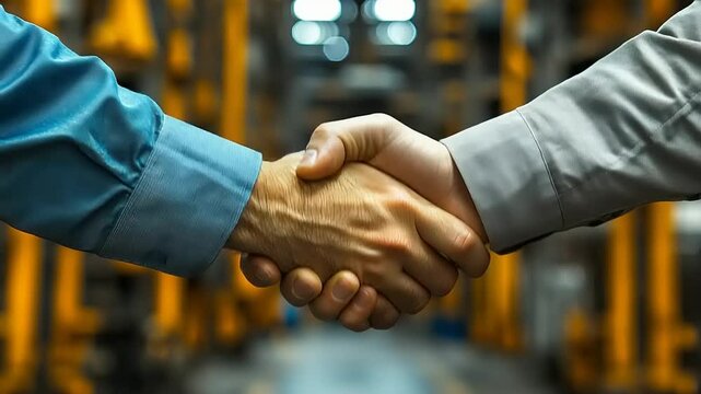 Two people shaking hands in a factory
