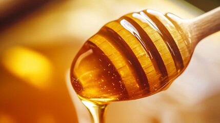 Close-up of golden honey dripping from a wooden dipper with warm tones