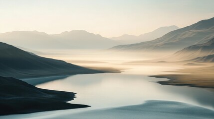 Serene sunrise over misty mountain lake.