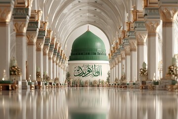 The Prophet Muhammad's birthday banner, Mawlid al-Nabi, features Arabic calligraphy depicting the Prophet's mosque's green dome. Generative Ai