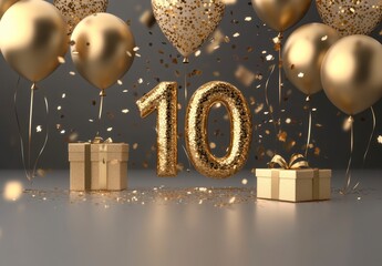 Golden Celebration with Balloons and Gifts for 10th Anniversary