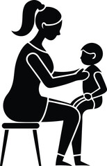 Mother sitting on a stool and holding her baby modern vector illustration, mother sitting on a stool and holding her baby silhouette and line art vector