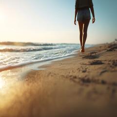 woman walking barefoot on a sunlit sandy beach during summer