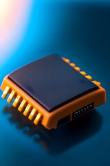 A close-up of a small, square, orange electronic component with multiple pins, set against a blue reflective surface