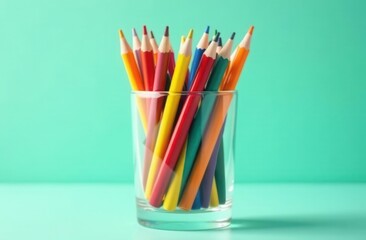 Fototapeta premium Vibrant colored pencils in a clear glass on teal background