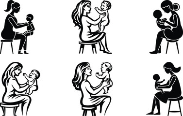 Mother sitting on a stool and holding her baby modern vector illustration, mother sitting on a stool and holding her baby silhouette and line art vector set