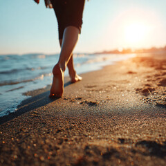 woman walking barefoot on a sunlit sandy beach during summer