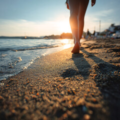 woman walking barefoot on a sunlit sandy beach during summer