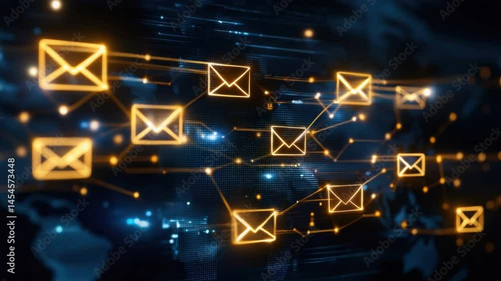 Poster network of digital communication with mail icons and global connections representing information exc