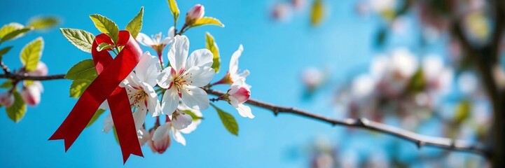 A branch of a blossoming apple tree with white flowers and a red ribbon on a bright blue sky. The concept of the fight against AIDS