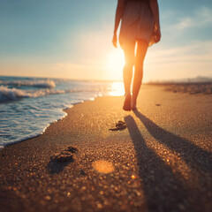 woman walking barefoot on a sunlit sandy beach during summer