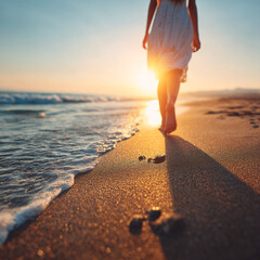 woman walking barefoot on a sunlit sandy beach during summer