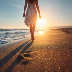 woman walking barefoot on a sunlit sandy beach during summer