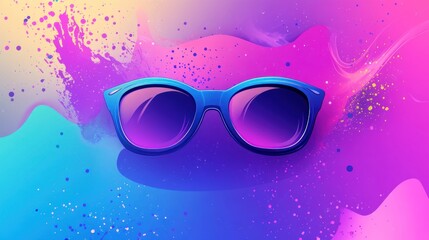 Blue sunglasses on vibrant colorful background.