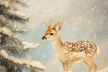 Winter Deer Portrait: fawn standing in a snowy scene, fir tree, delicate snowflakes, festive spirit.