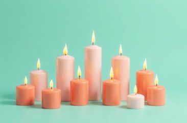 Assorted coral and cream candles on seafoam green background