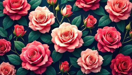 Naklejka premium Intricate blooming roses & leaves, repeating pattern, decoration, shabby, blossom