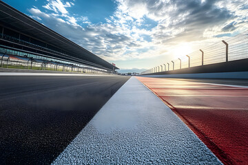 Wide perspective of an empty international race track with start and finish line in the morning