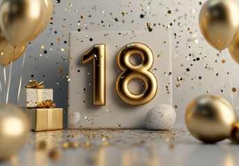 Elegant Golden 18th Birthday Celebration with Balloons and Gifts