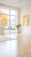 Bright gallery interior with abstract artwork,  light wood floors, and a large window showing autumn foliage