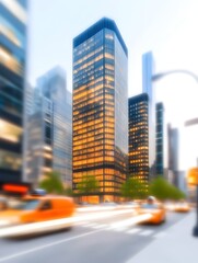 City street scene at dusk, showcasing a tall, illuminated office building among other skyscrapers, with blurred motion of vehicles suggesting traffic