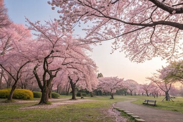 Obraz premium Cherry Blossom Trees in Full Bloom at Sunrise in Beautiful Park Setting with Pathway