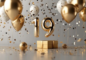 Golden Celebration with Balloons, Confetti, and Gift for Nineteen