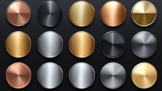 Collection of metallic round buttons in various colors and finishes.