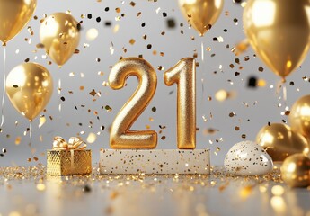 Golden 21st Birthday Celebration with Balloons and Confetti