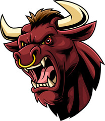 Angry Bull Mascot Head with Nose Ring and Fangs