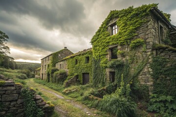 Obraz premium Abandoned Stone Houses Covered in Green Ivy on Overgrown Path Under Dramatic Cloudy Sky