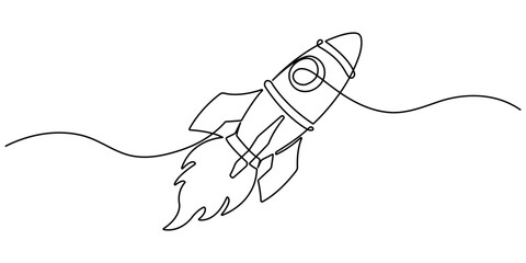 Hand drawn one line vector. Rocket space ship launch into universe concept. One continuous line drawing of simple retro spacecraft flying up to the outer space nebula. Editable stroke.