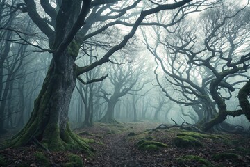 Mysterious Foggy Forest Pathway with Twisted Trees and Lush Green Moss