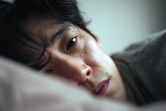 Close-up Portrait of a Young Man Lying Down, Intense Gaze, Low-Key Lighting