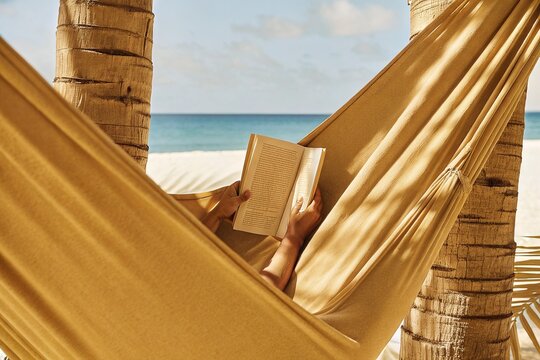 Relaxing in a Hammock at the Beach Reading a Book with Tropical Scenery - Powered by Adobe