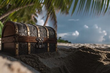 Fototapeta premium Treasure Chest on Sandy Beach Surrounded by Palm Trees and Dramatic Sky