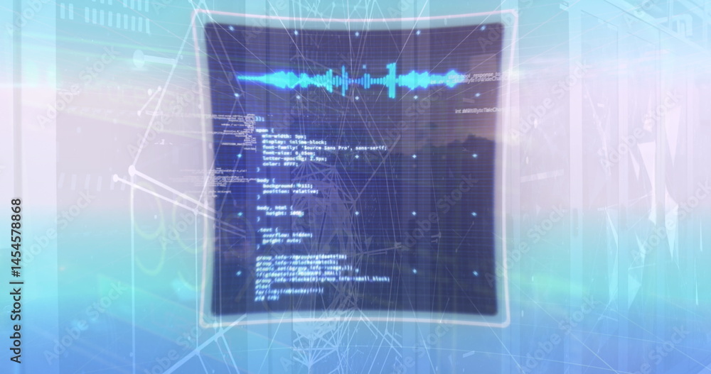 Poster image of networks and data processing over sunset and computer servers