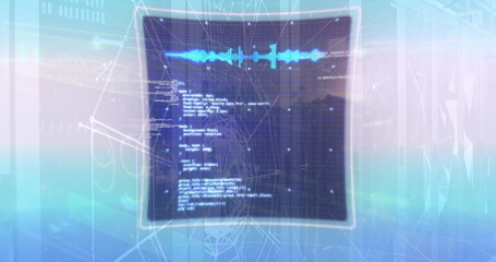 Obraz premium Image of networks and data processing over sunset and computer servers