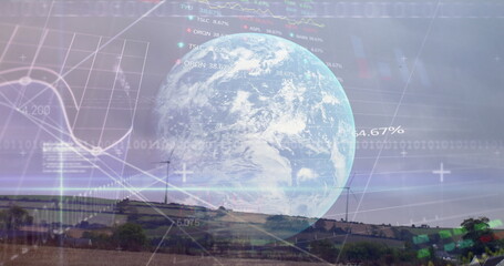 Image of financial data processing binary coding over earth and wind turbine