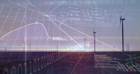 Image of financial data processing binary coding over wind turbines