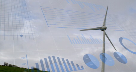 Image of financial data processing over wind turbine