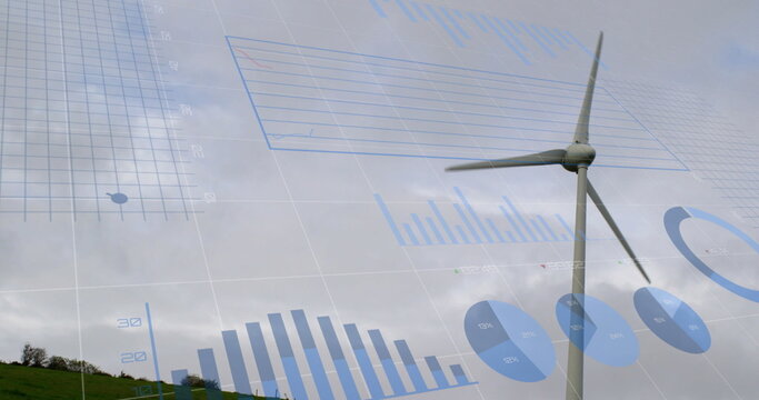 Image of financial data processing over wind turbine