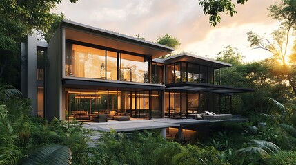 Modern home nestled within lush tropical foliage.
