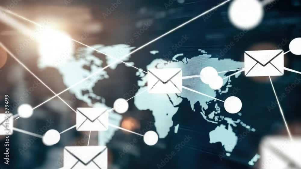 Poster global email communication concept with digital world map and email icons signifying connectivity an