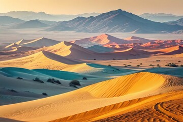 Vibrant Desert Landscape with Colorful Sand Dunes and Mountain Horizon at Sunset