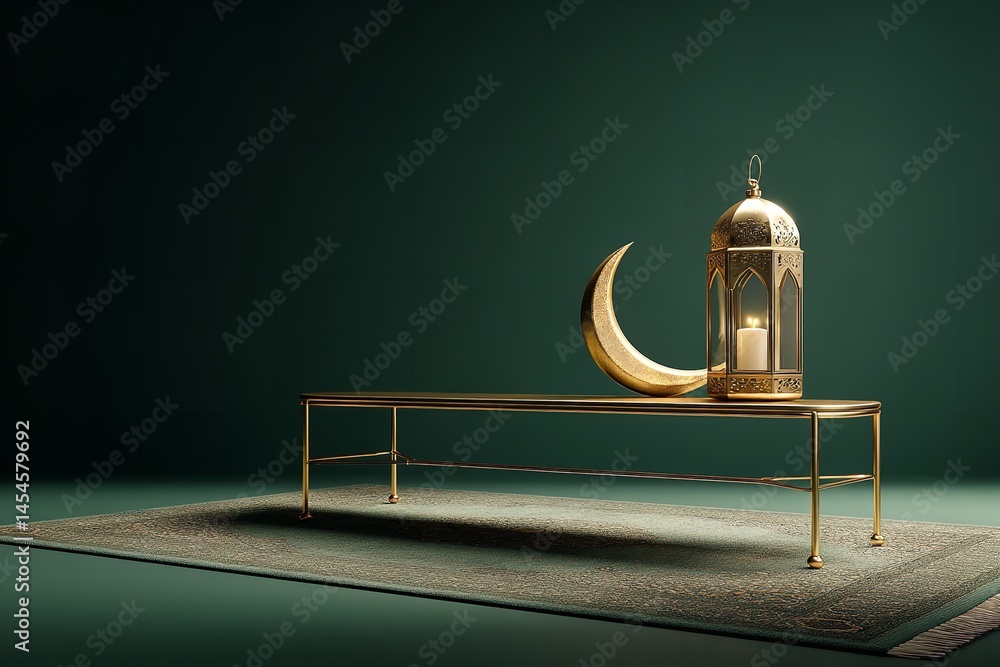 Fototapete a metal table with a gold lamp in the front and a ramadan mubarak backdrop. generative ai