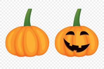 Obraz premium Vector Cartoon Pumpkins Collection with Carved Faces. Flat Colorful Pumpkin Stickers Set. Design Templates for Halloween, Fall, Harvest. Cute and Fun Simple Pumpkin Illustrations