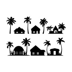 Obraz premium Tropical Island and Beach House Silhouette set