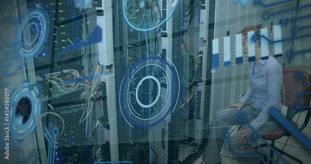 Aufkleber image of processing circle over data and caucasian woman checking computer wires